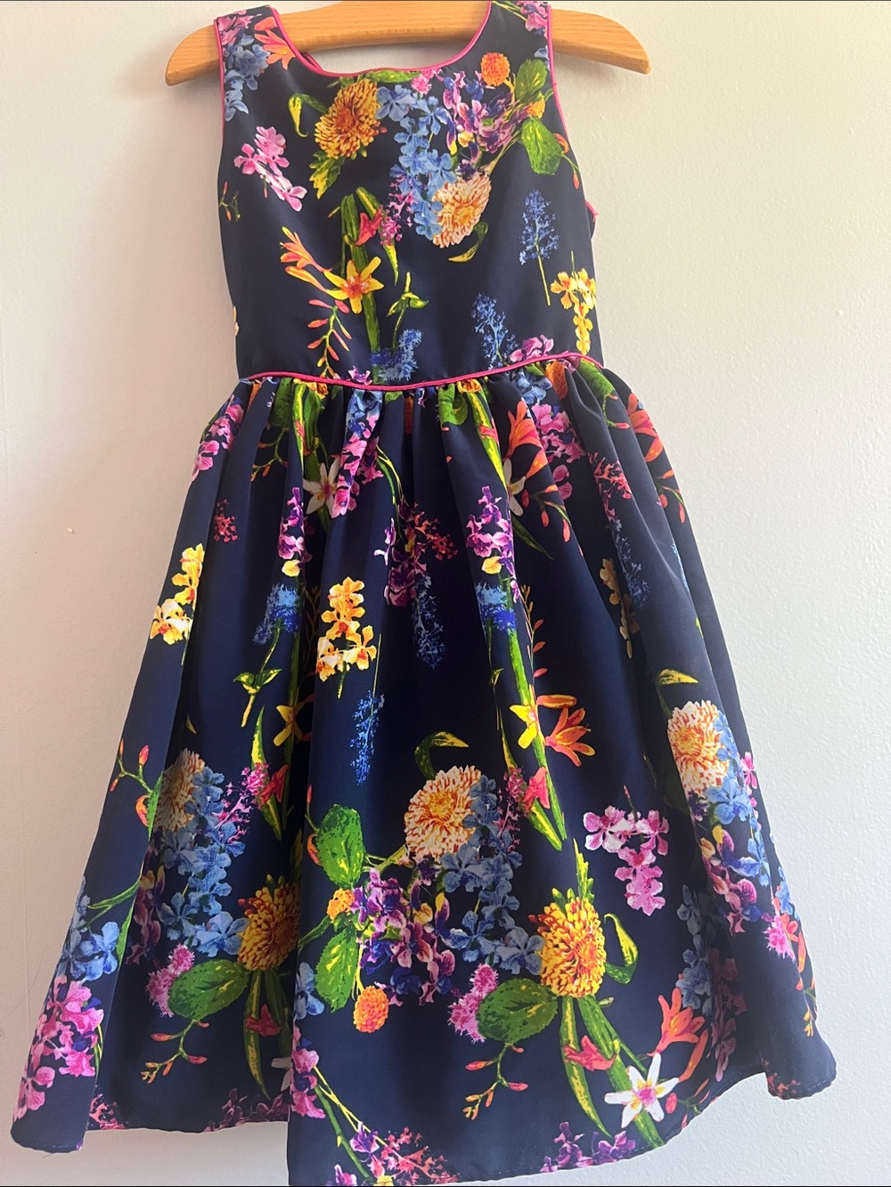 Youngland Navy Floral Fit-and-Flare Party Dress with Pink Piping